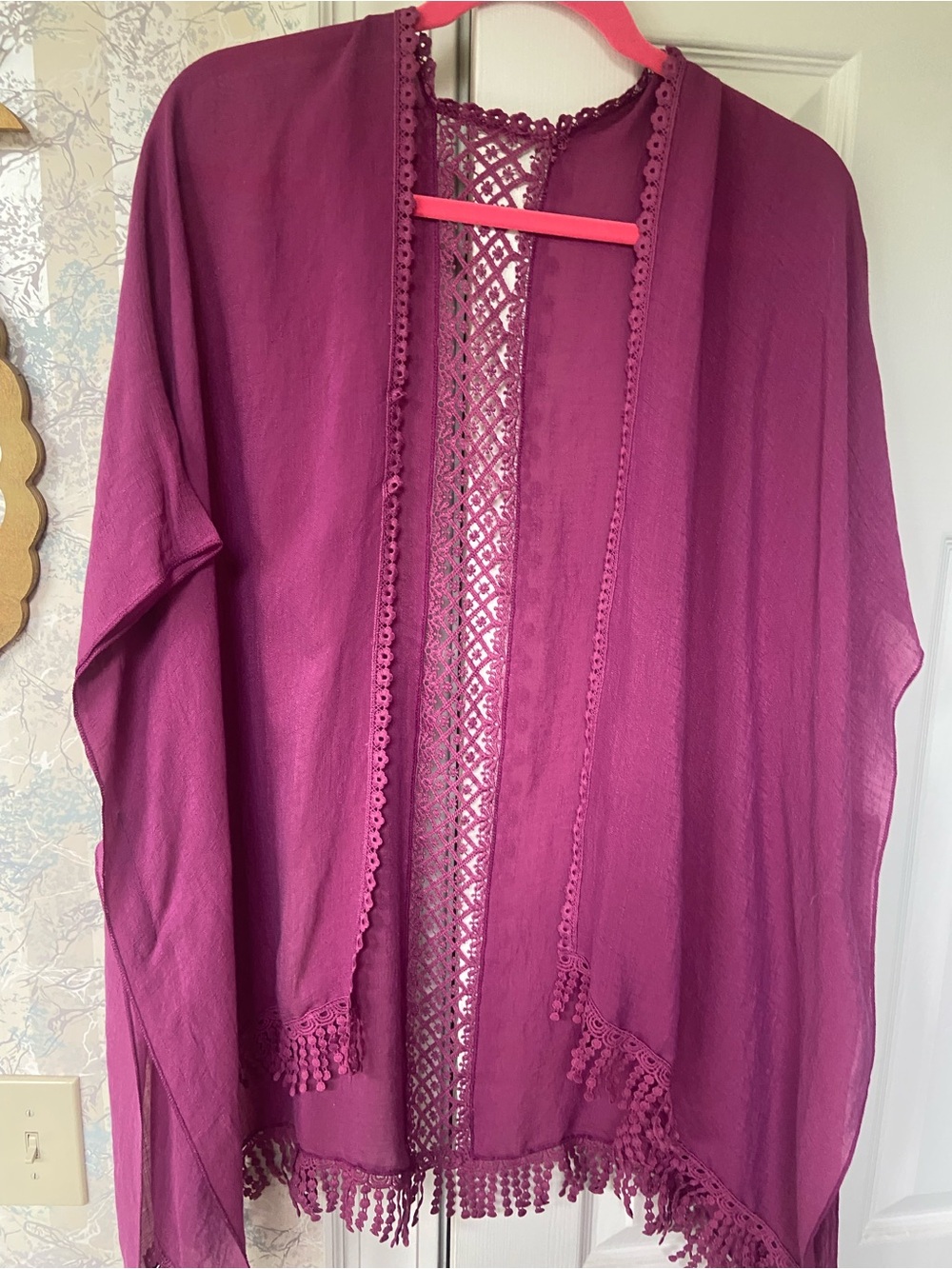 Berry Lace-Trim Kimono Cardigan
